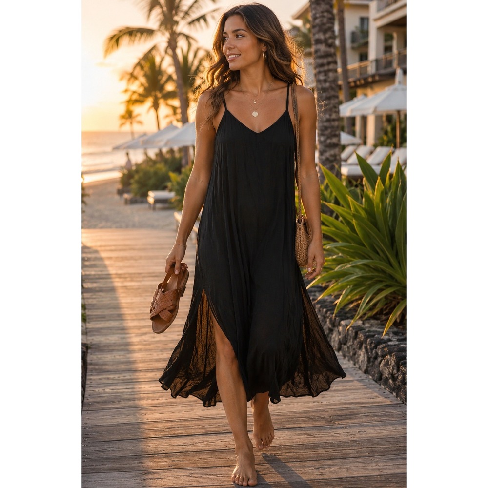 Aerie Womens Black Multi-Strap V-Neck Midi Dress with Side Slits Size Medium